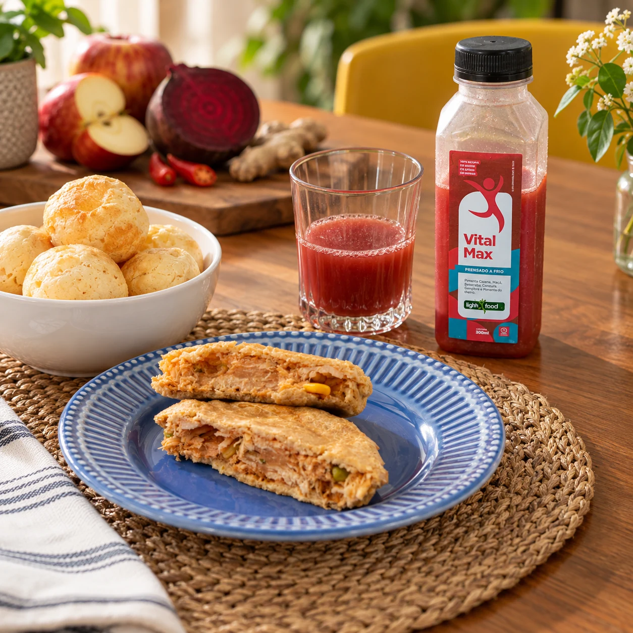 Suco Vital Max com lanche de frango e pães de queijo