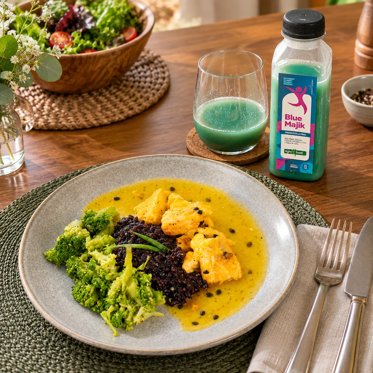 Suco Blue Majik com salmão ao molho de maracujá, arroz negro e brócolis