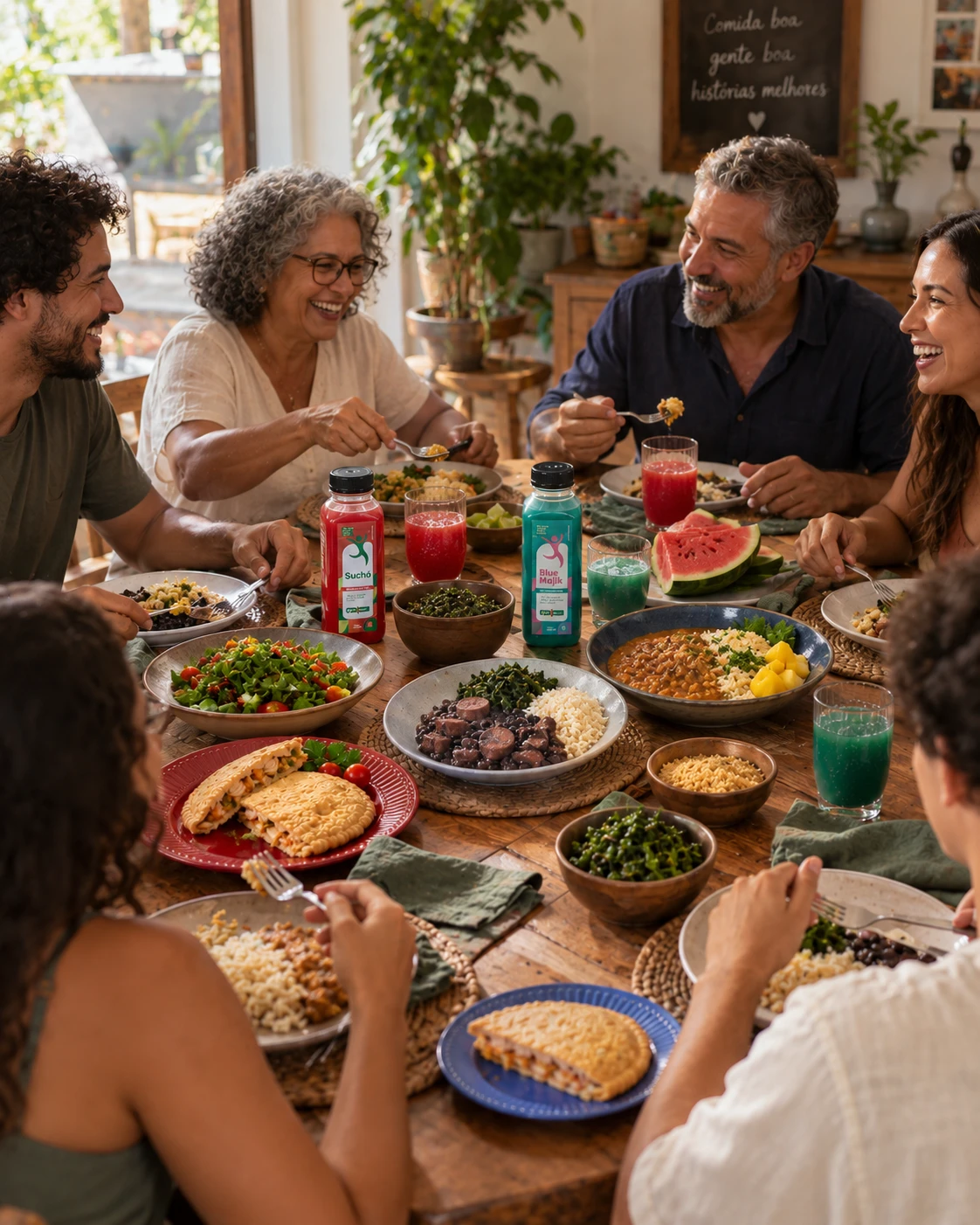 Pessoas reunidas à mesa compartilhando refeições e sucos